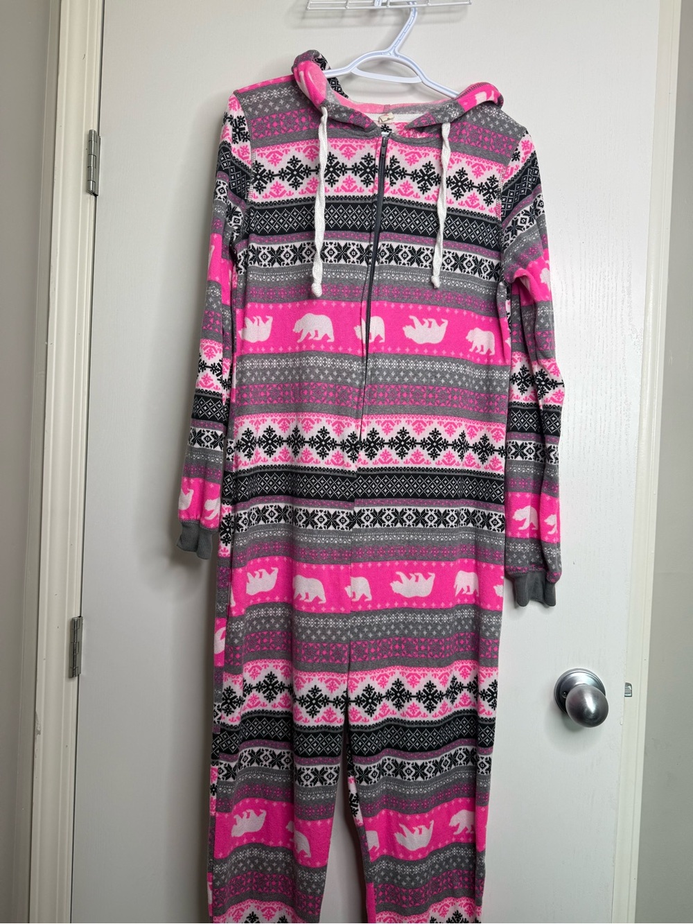 Ardene Pink & Gray Fair Isle Polar Bear Zip Hoodie Onesie